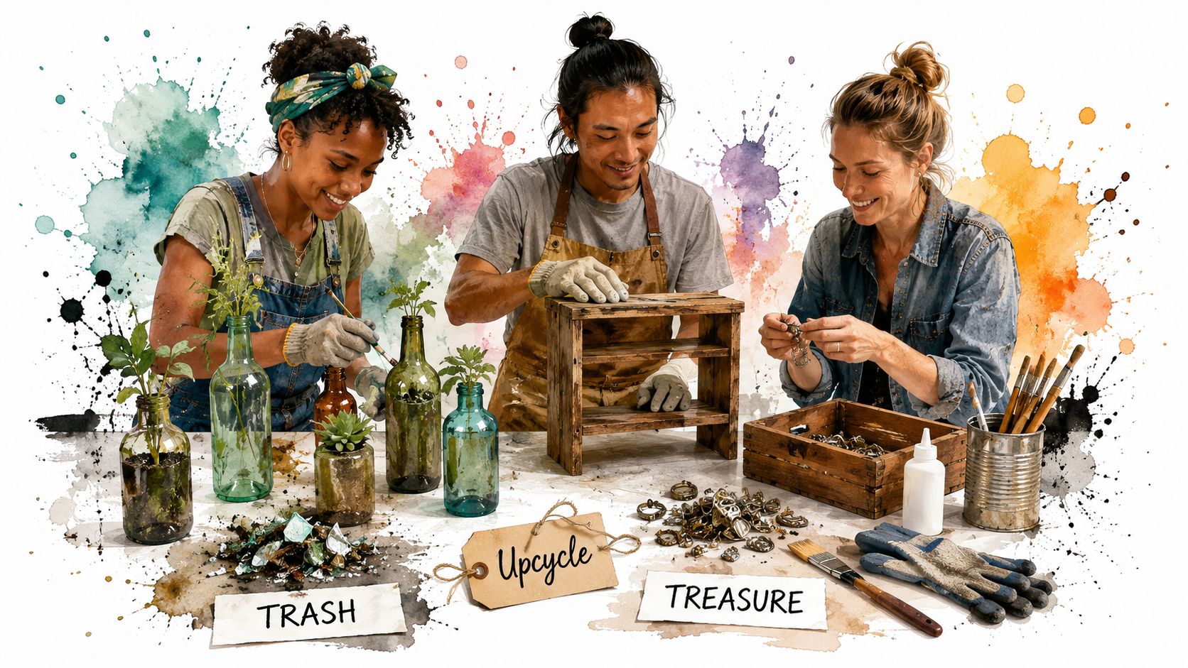 A diverse team works together on a creative upcycling project, turning old materials into beautiful handmade treasures.