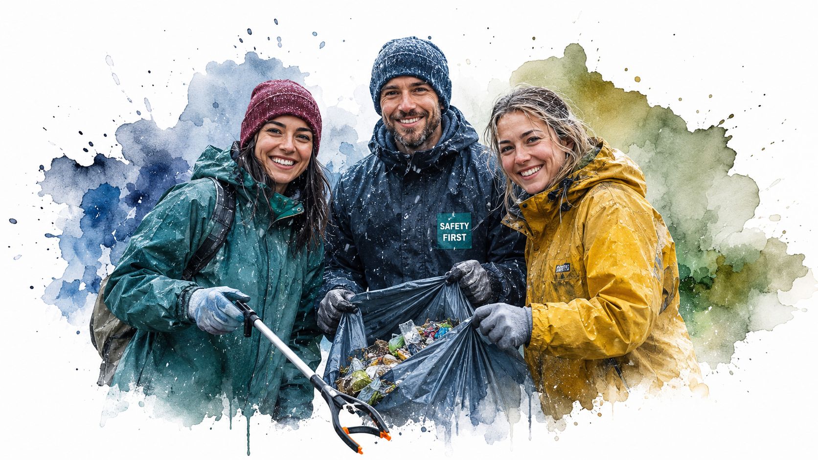 Three smiling volunteers in rain gear working together to clean up litter in a public park.