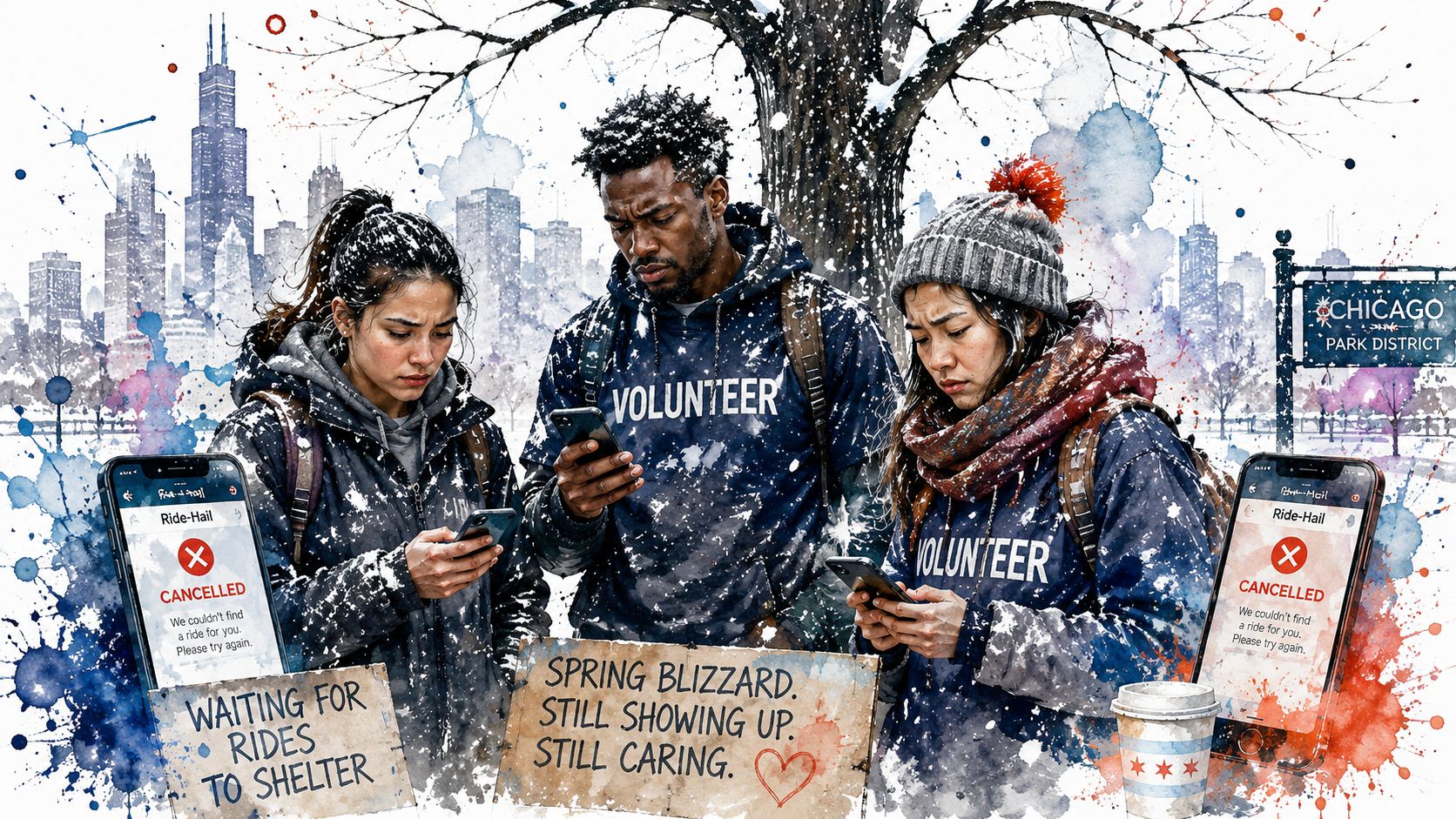 Three volunteers standing in a snowy Chicago blizzard looking at cancelled ride-share apps on their smartphones.