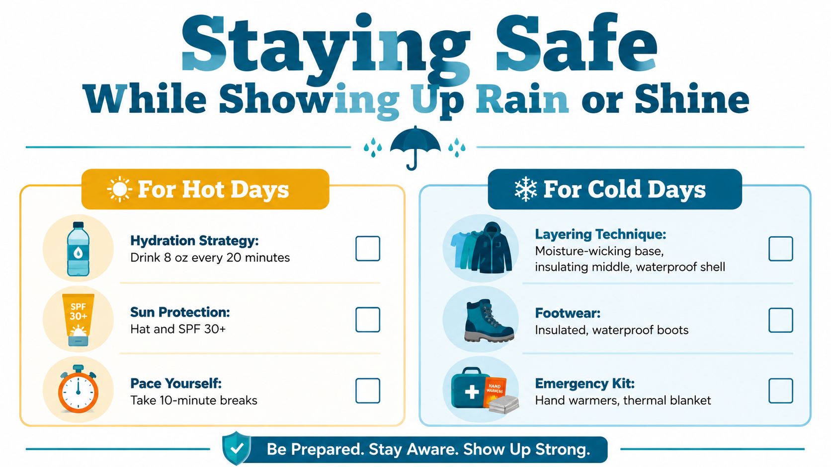 A safety infographic outlining hydration, sun protection, and cold weather clothing tips for volunteers working outdoors.
