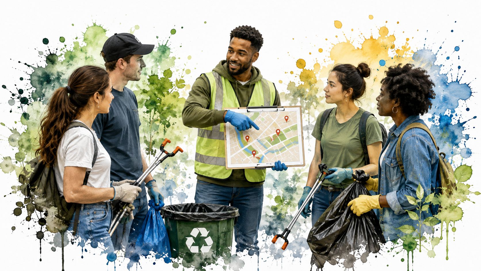 A diverse group of volunteers planning a community cleanup project with a map in a park.