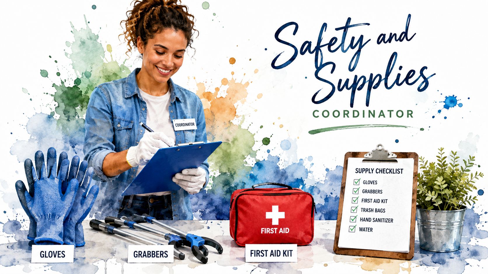 A smiling coordinator wearing gloves and holding a clipboard next to organized safety and volunteer supplies.