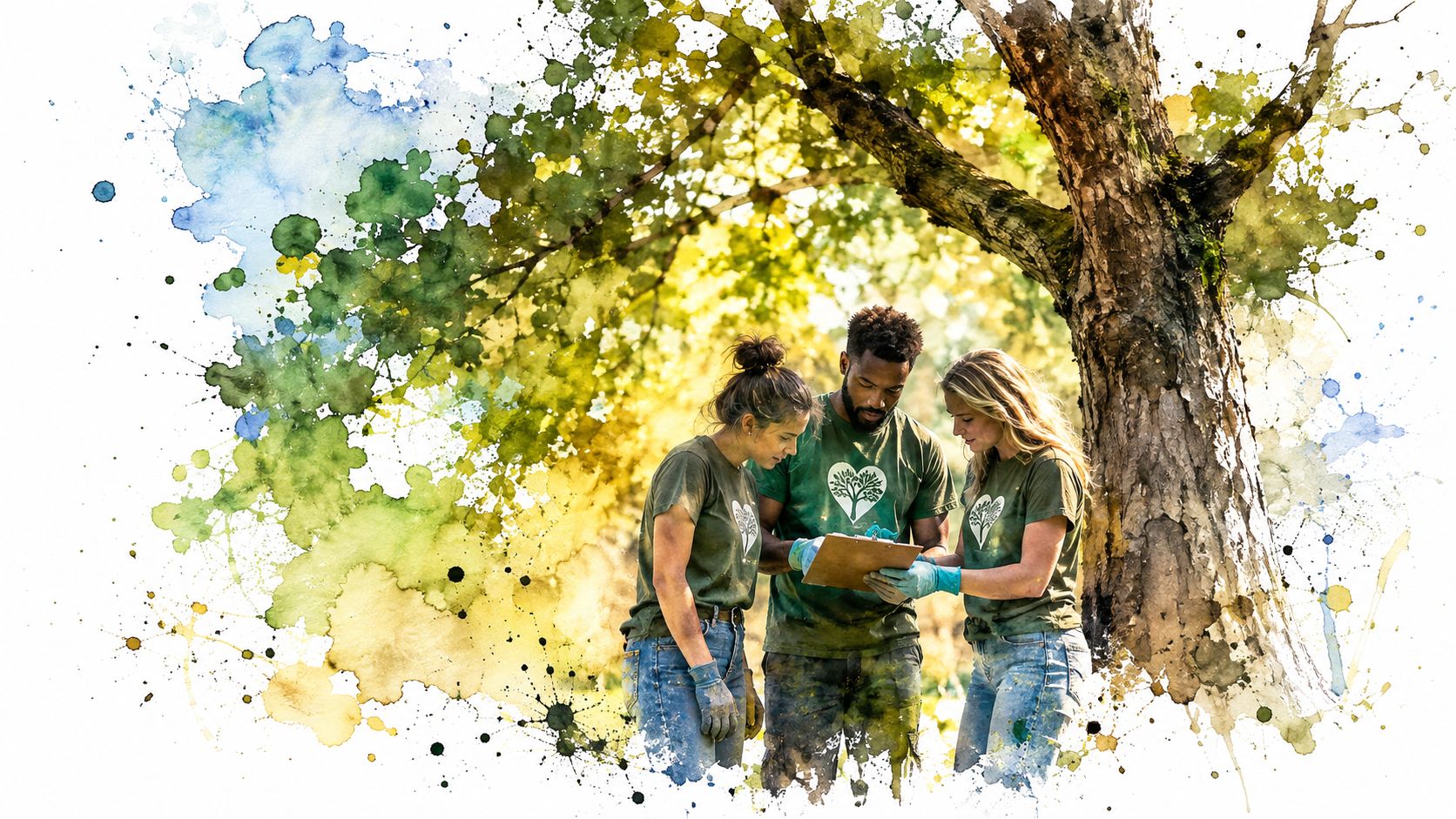 Three volunteers standing under a tree, collaborating and reviewing project notes on a clipboard outdoors.