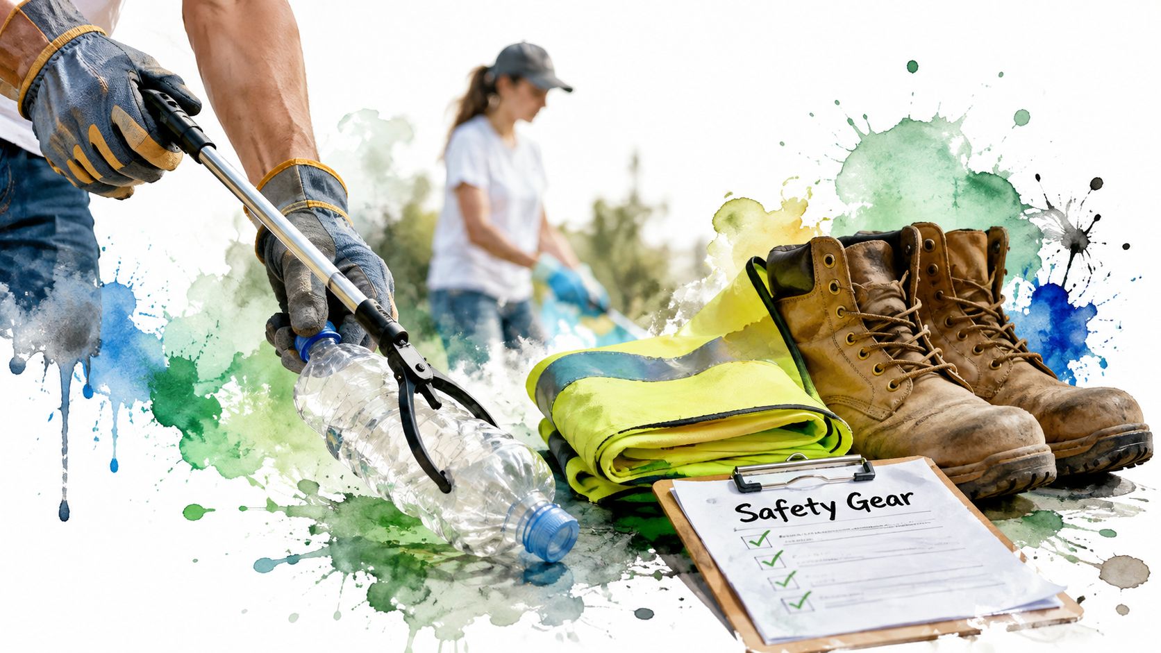 A volunteer using a picker tool to collect a plastic bottle with safety gear nearby.