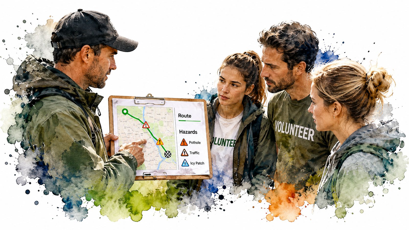 A team of volunteers reviewing a map of the route and safety hazards on a clipboard.