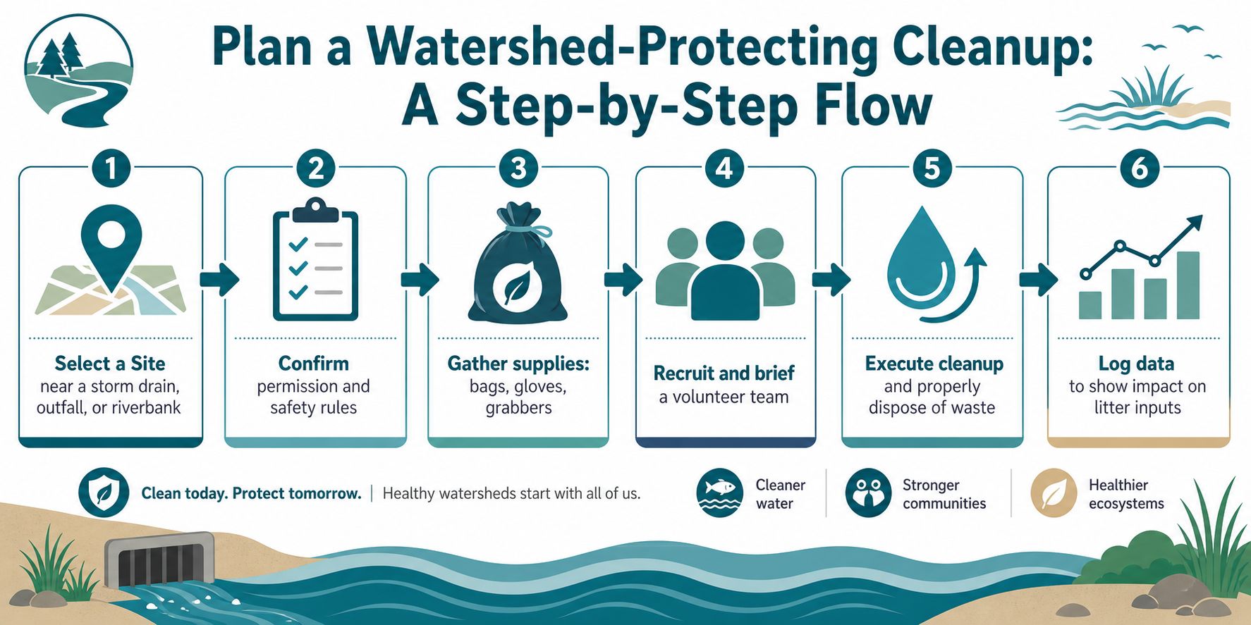 A step-by-step infographic on how to organize a volunteer cleanup event to protect local watersheds.