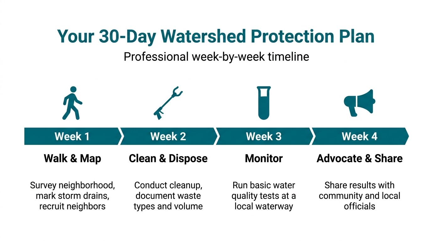 A professional four-week infographic timeline illustrating a step-by-step plan for community watershed protection and environmental cleanup.