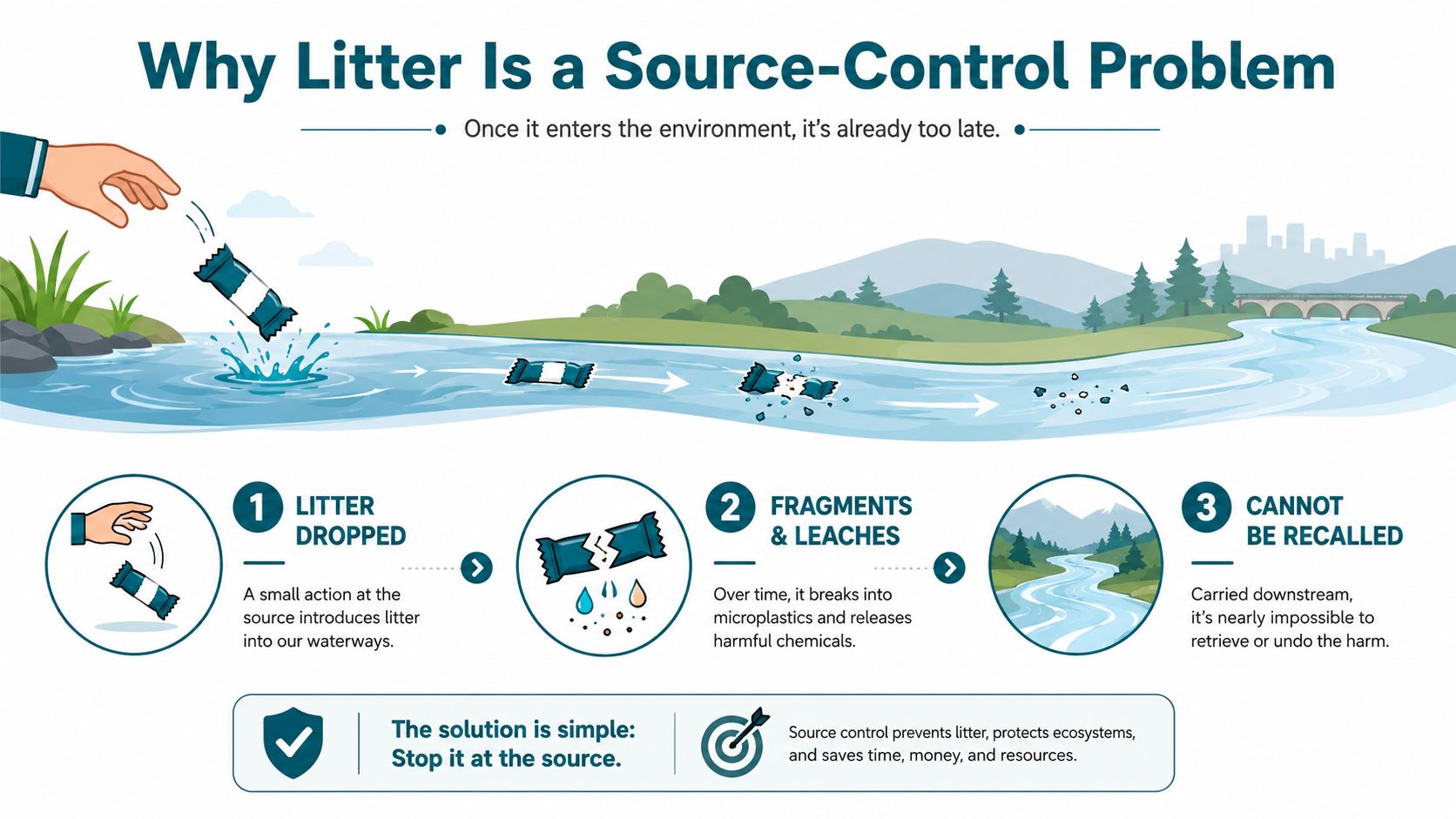 An infographic illustrating how litter dropped into waterways breaks down into microplastics, highlighting the importance of source control.