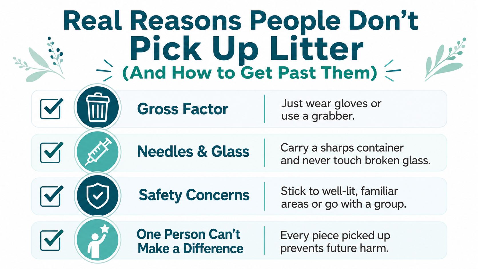 An infographic listing common barriers to picking up litter and practical tips to overcome them safely.
