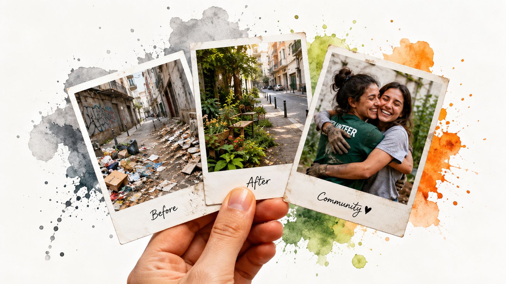 A hand holding three polaroid photos showing a messy street, the same street cleaned, and happy volunteers.