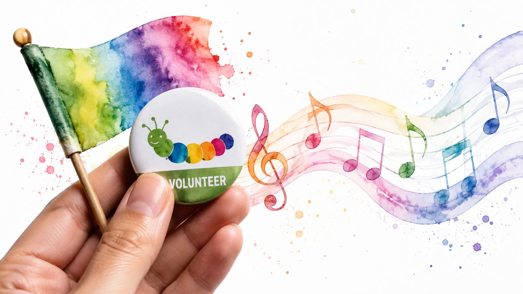 A hand holds a volunteer pin with a colorful caterpillar illustration next to a rainbow flag and musical notes.