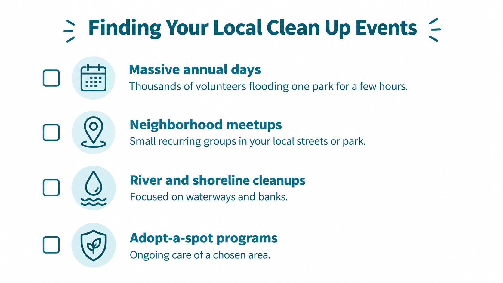 A list of four types of local clean up events for community volunteering and environmental care.