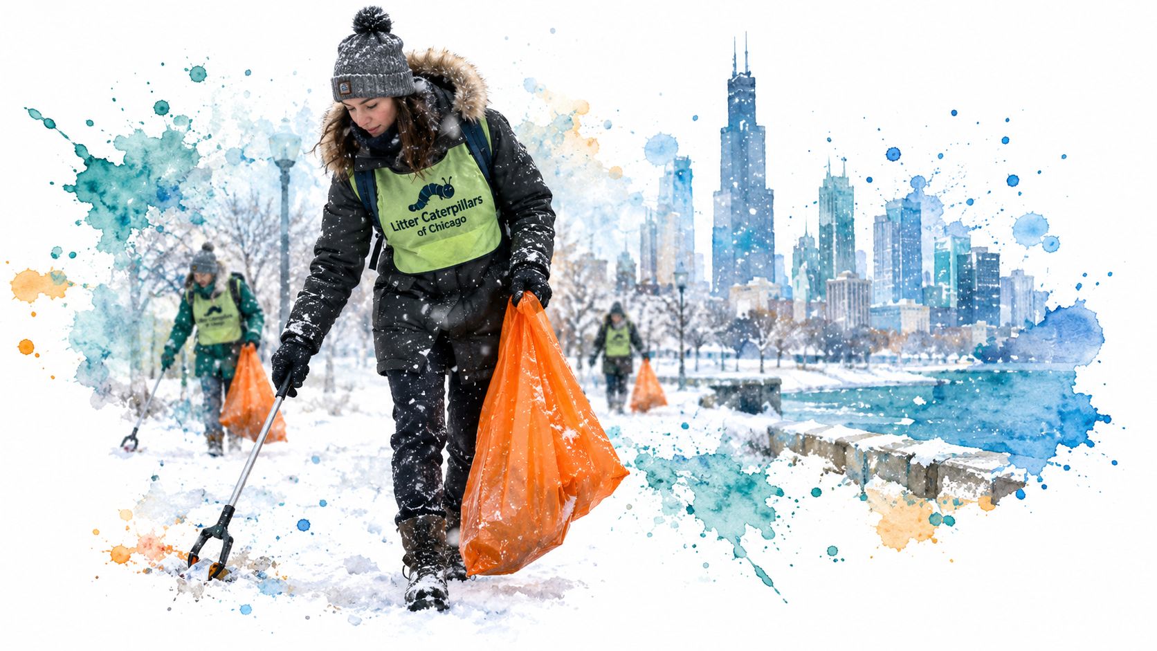 Volunteers cleaning up litter on a snowy Chicago lakeshore with the city skyline in the background.