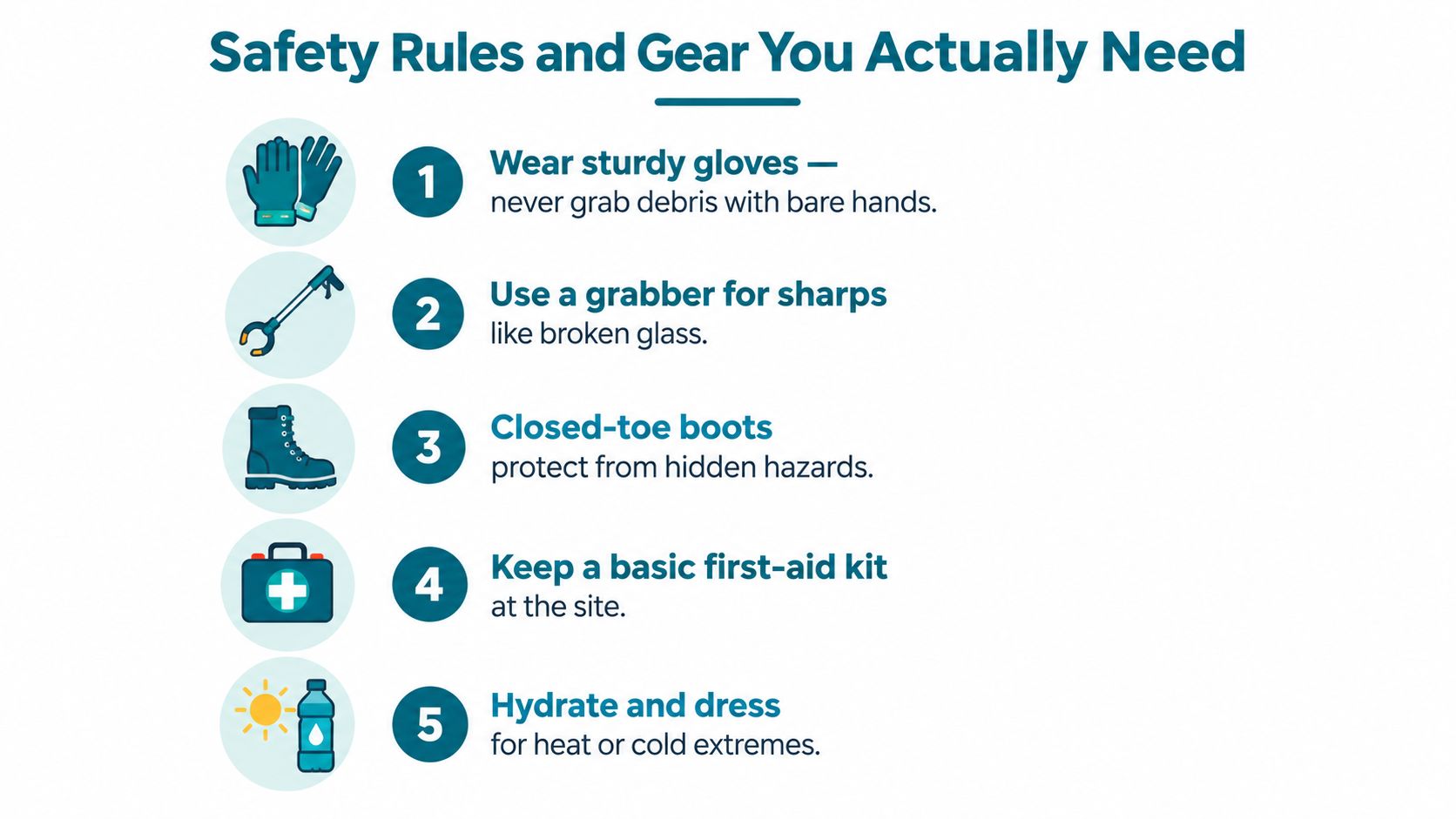 A list of five safety rules and recommended gear for participating in outdoor cleanup events.