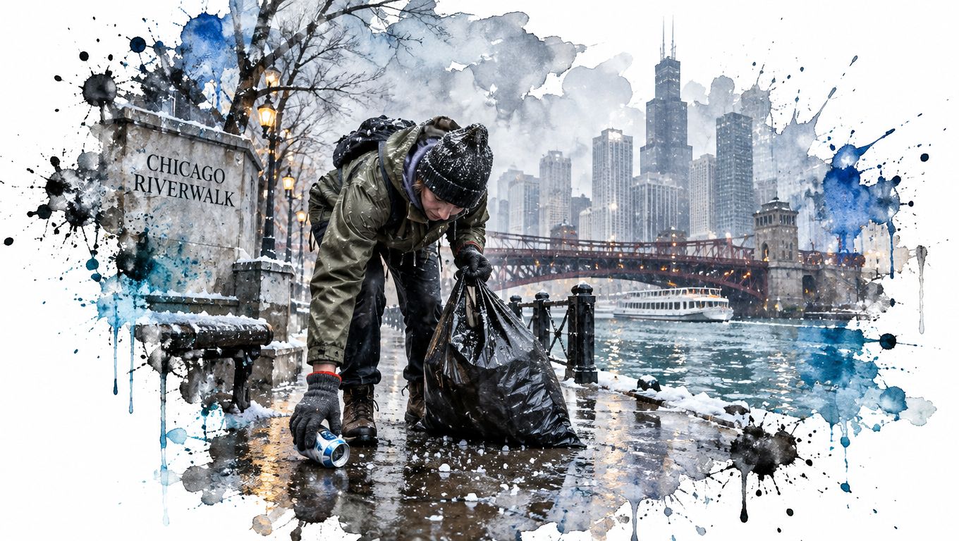 A dedicated volunteer cleaning up litter along the snowy Chicago Riverwalk during a cold winter day.