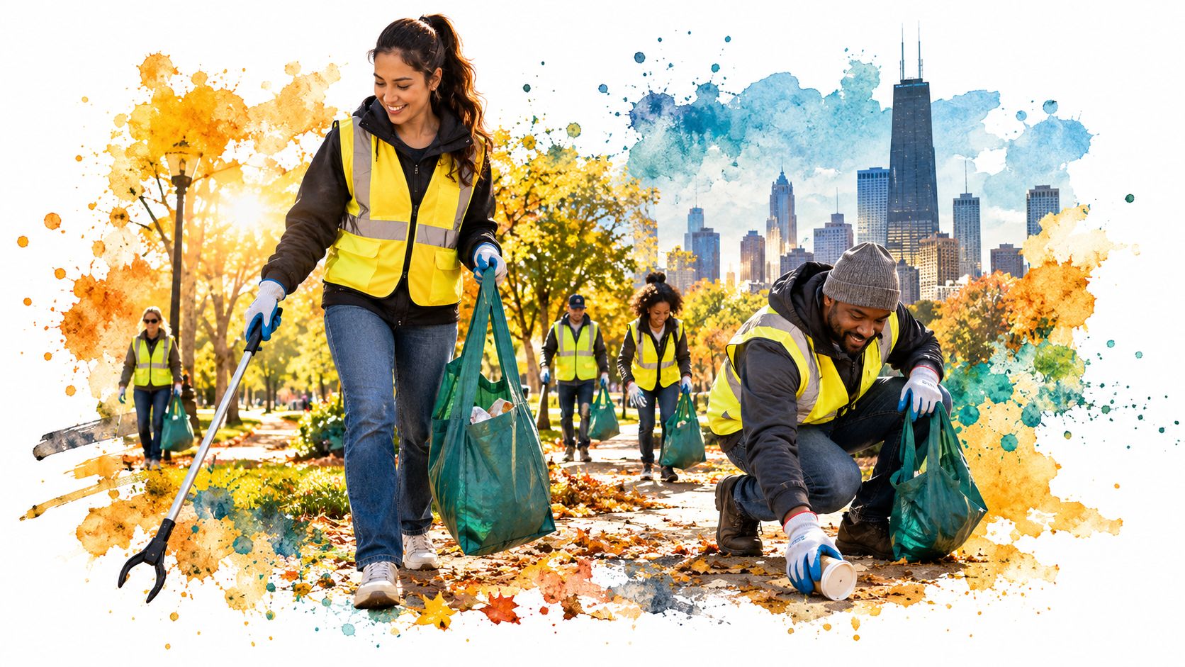 A diverse group of volunteers cleaning up litter in a park with a city skyline backdrop.