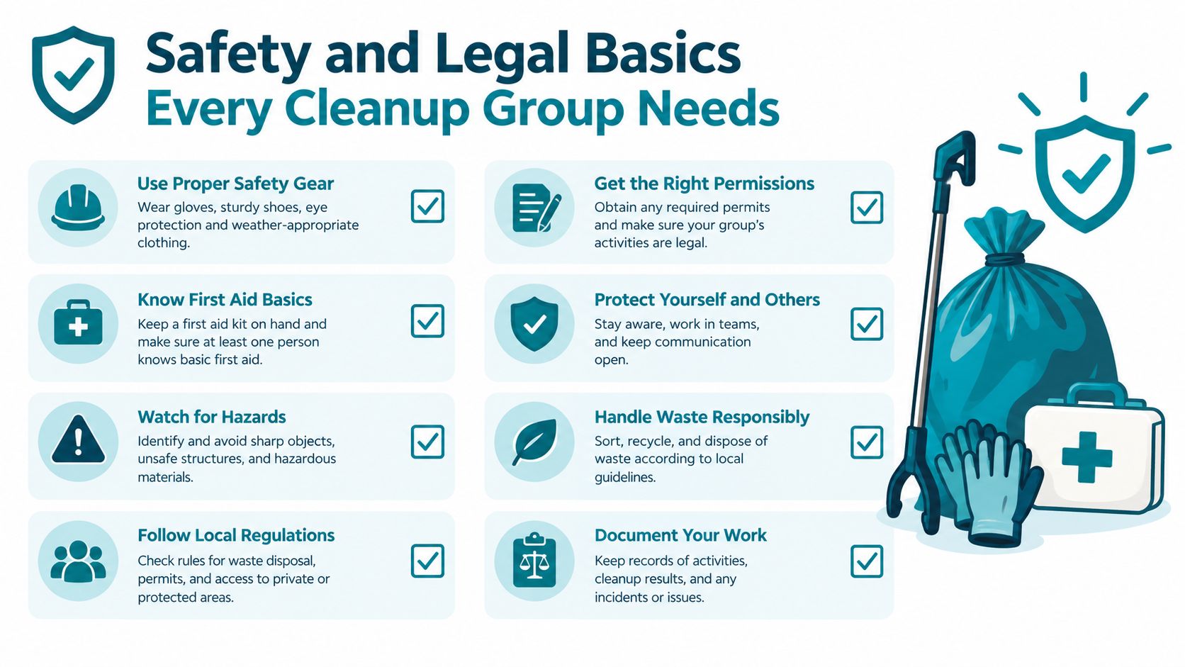 An infographic titled Safety and Legal Basics for cleanup groups highlighting eight essential safety and compliance tips.
