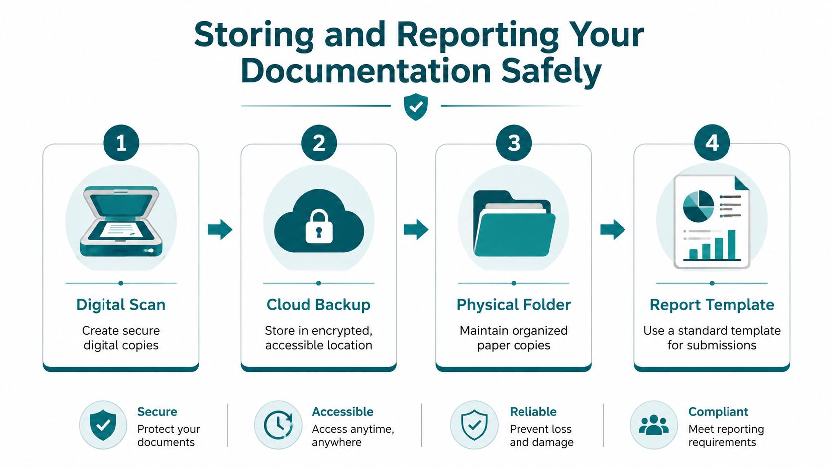 A four-step infographic illustrating a secure process for storing and reporting community service documentation using digital and physical methods.