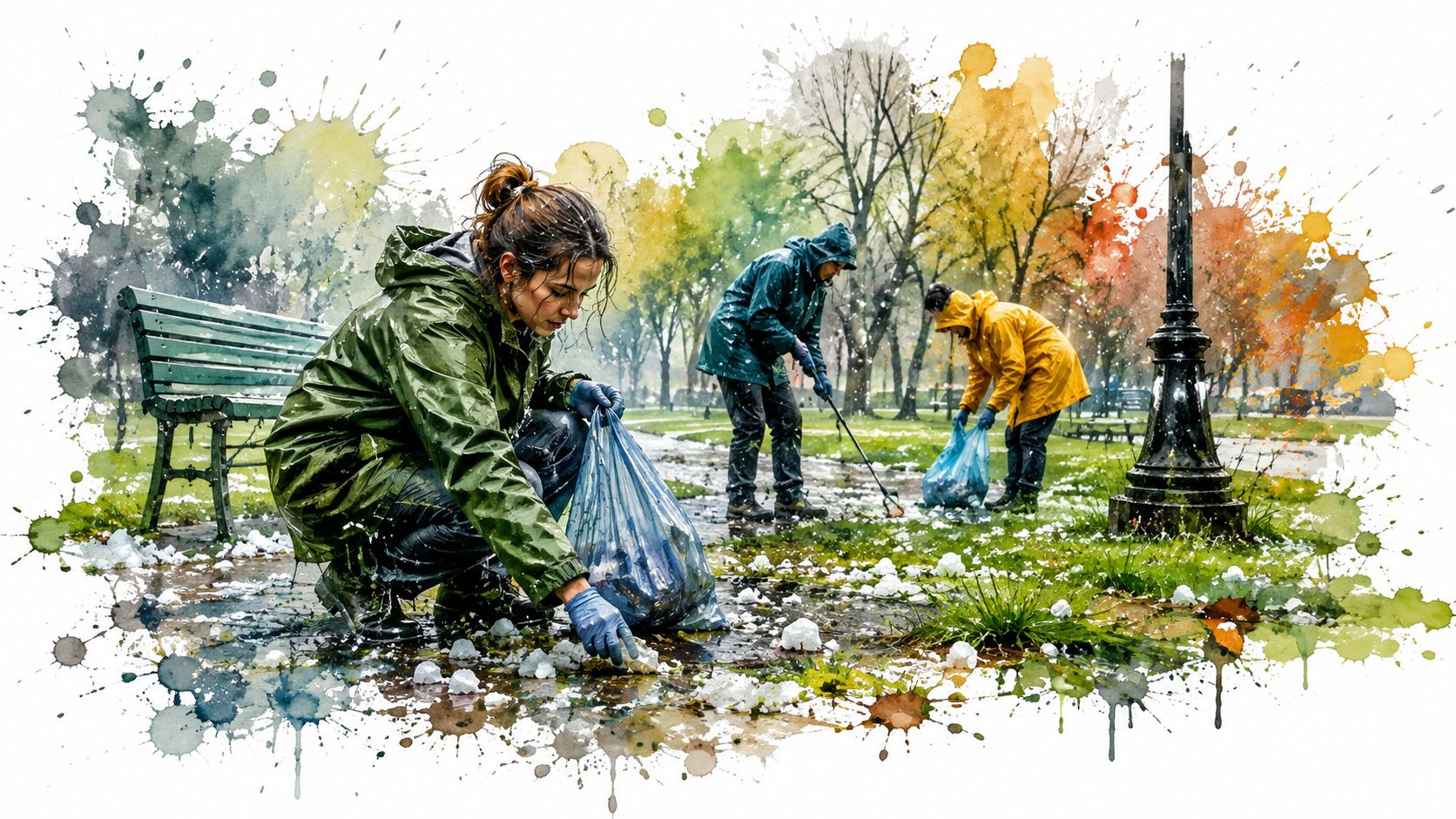 A group of volunteers in raincoats cleaning up a litter-filled park during a rainy day.