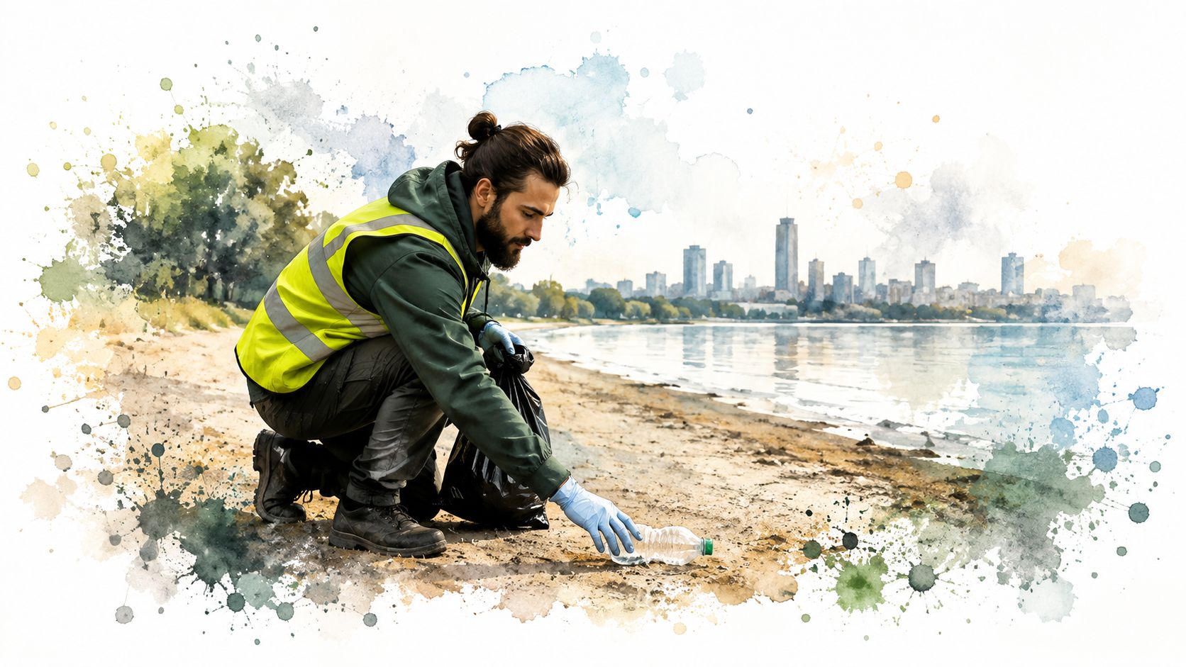 A volunteer wearing a high-visibility vest picks up a plastic bottle from a beach, cleaning the coastline.
