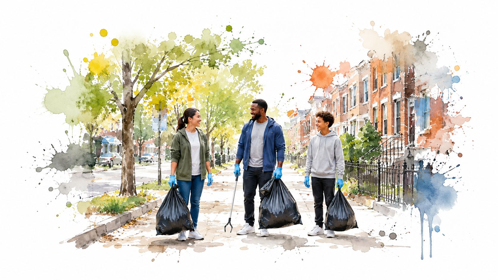 A diverse group of three people walking down a city street while collecting litter in trash bags.