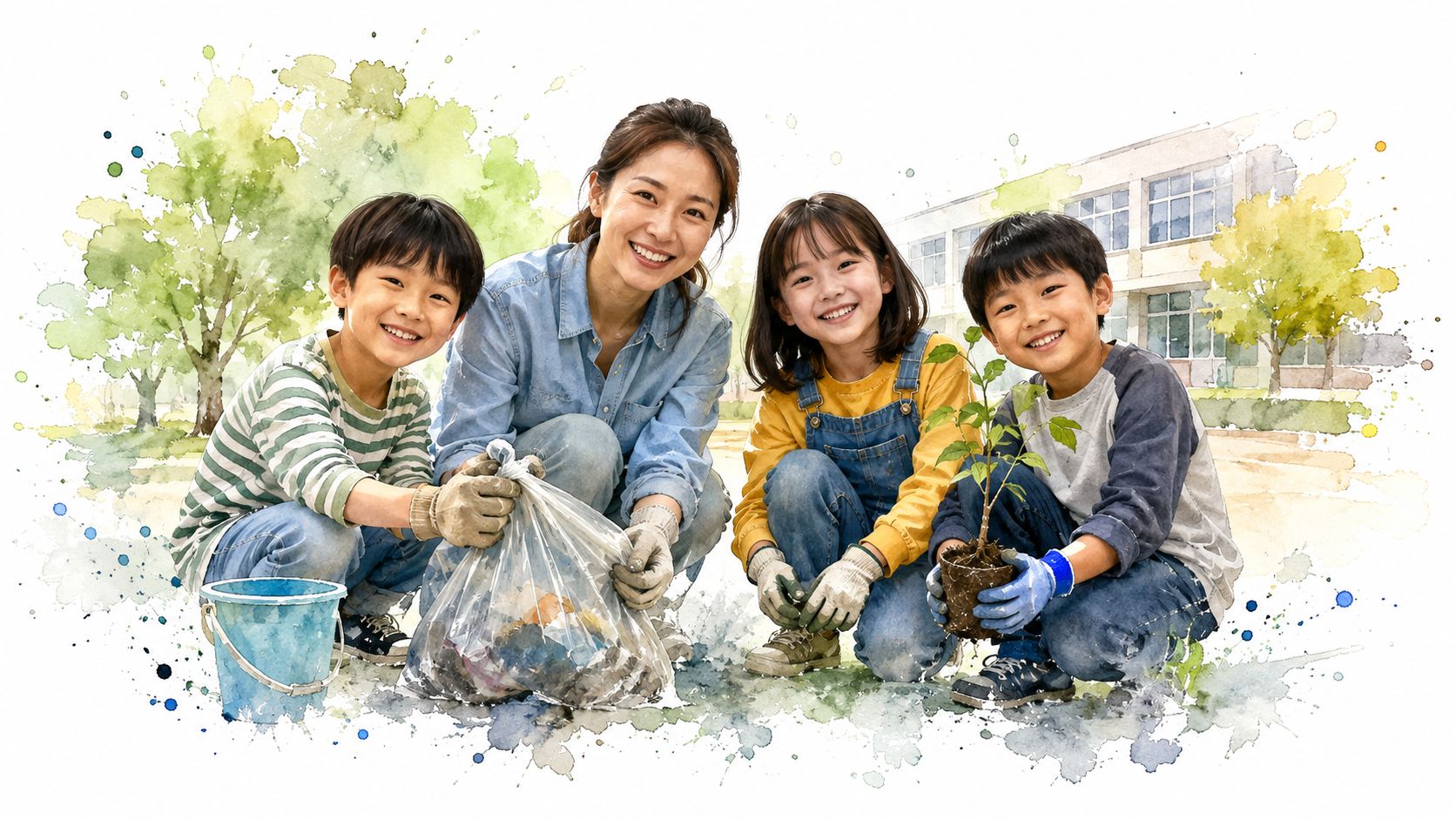 A woman and three children smiling while participating in community service activities like cleaning and planting trees.