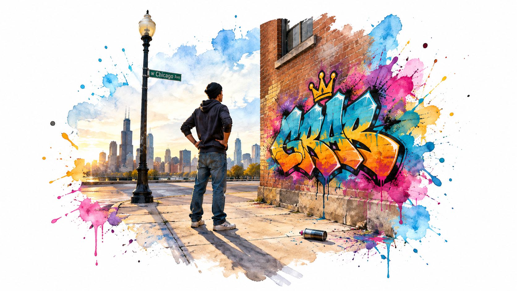 A person stands on a sidewalk looking at vibrant graffiti art on a brick wall in Chicago.