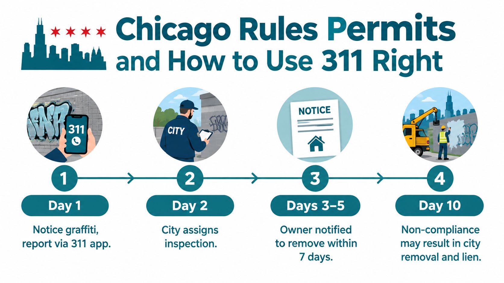 A four-step infographic explaining the Chicago city process for reporting and removing graffiti via 311.