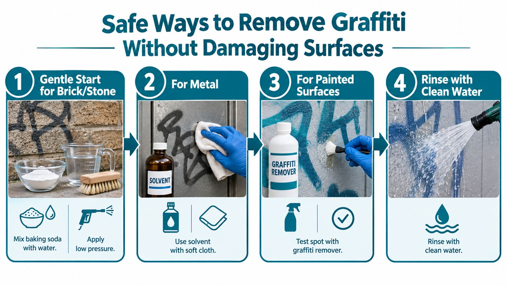 An infographic showing four safe methods for removing graffiti from brick, metal, and painted surfaces using various cleaners.