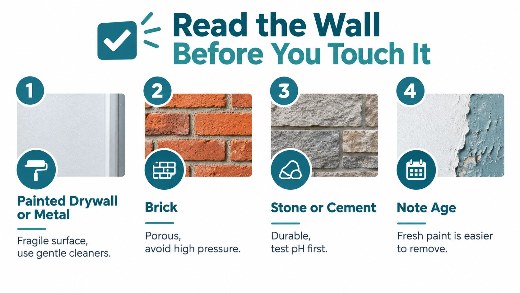 An infographic detailing four important wall surface types and considerations before starting a graffiti removal project.
