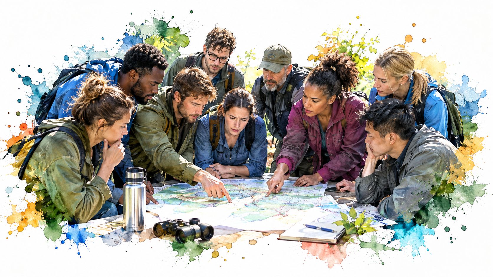 A diverse group of hikers gathered together in a circle, collaboratively planning their route on a large map.