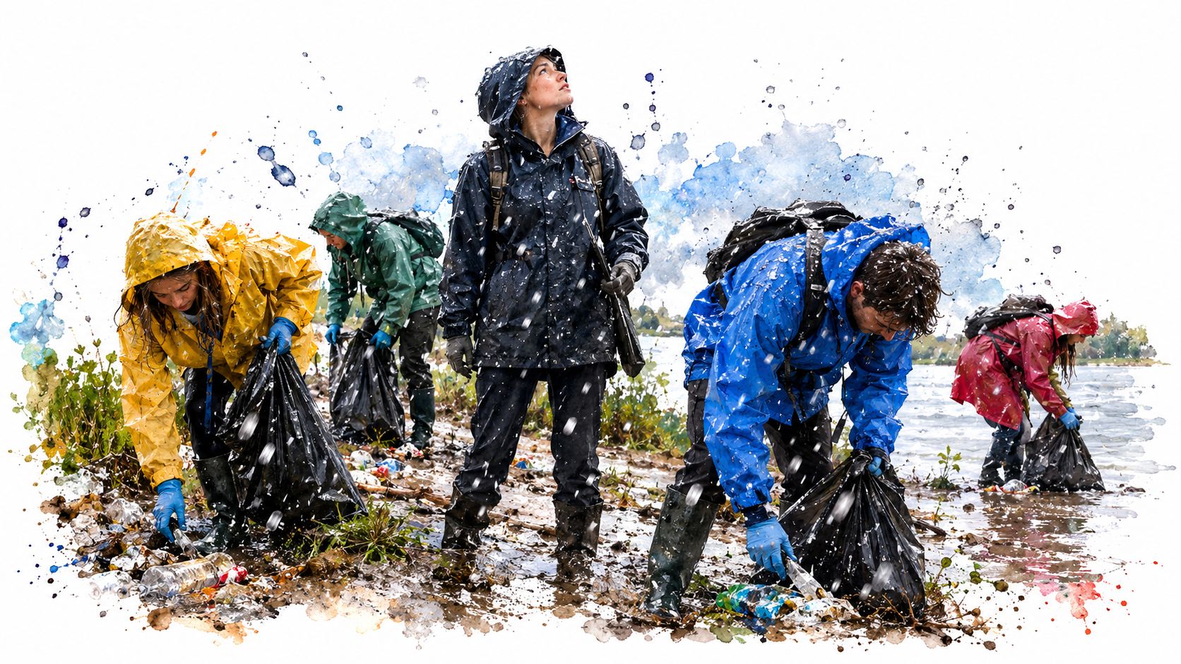 A diverse group of volunteers in colorful rain gear cleaning up trash along a muddy riverbank.