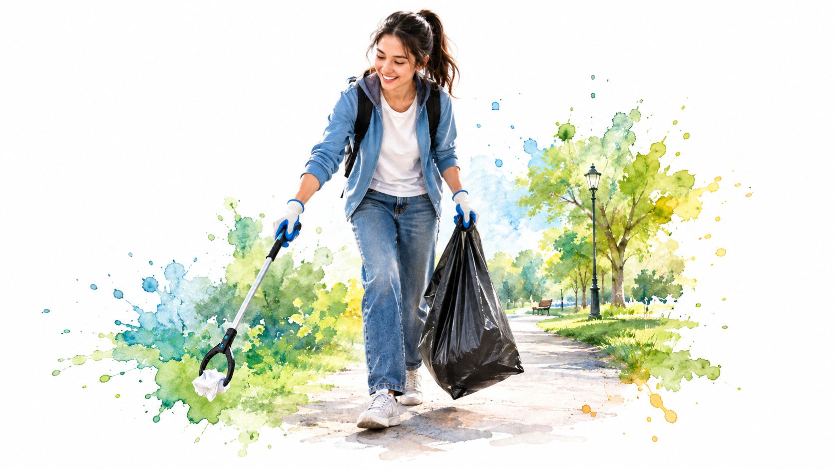 A young female volunteer happily picks up litter in a scenic park using a grabber tool.