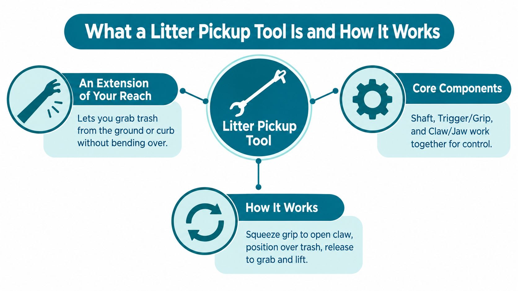 An infographic explaining what a litter pickup tool is, its core components, and how it works.