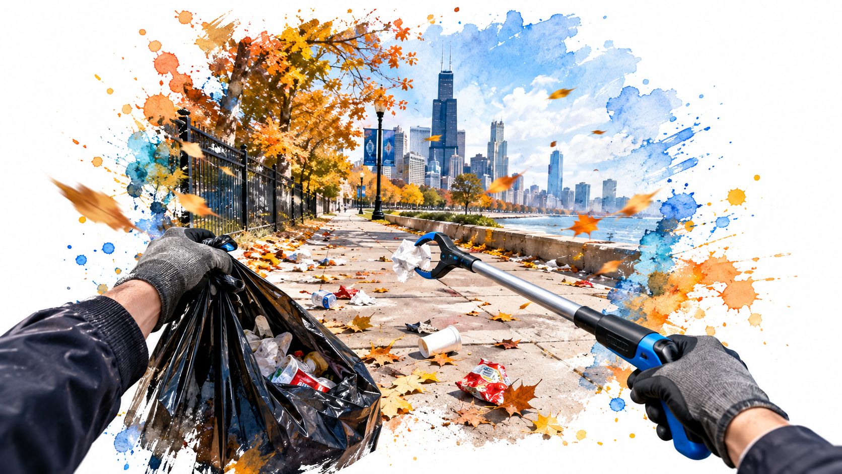 A first-person view of a person using a litter pickup tool to clean a park in Chicago.