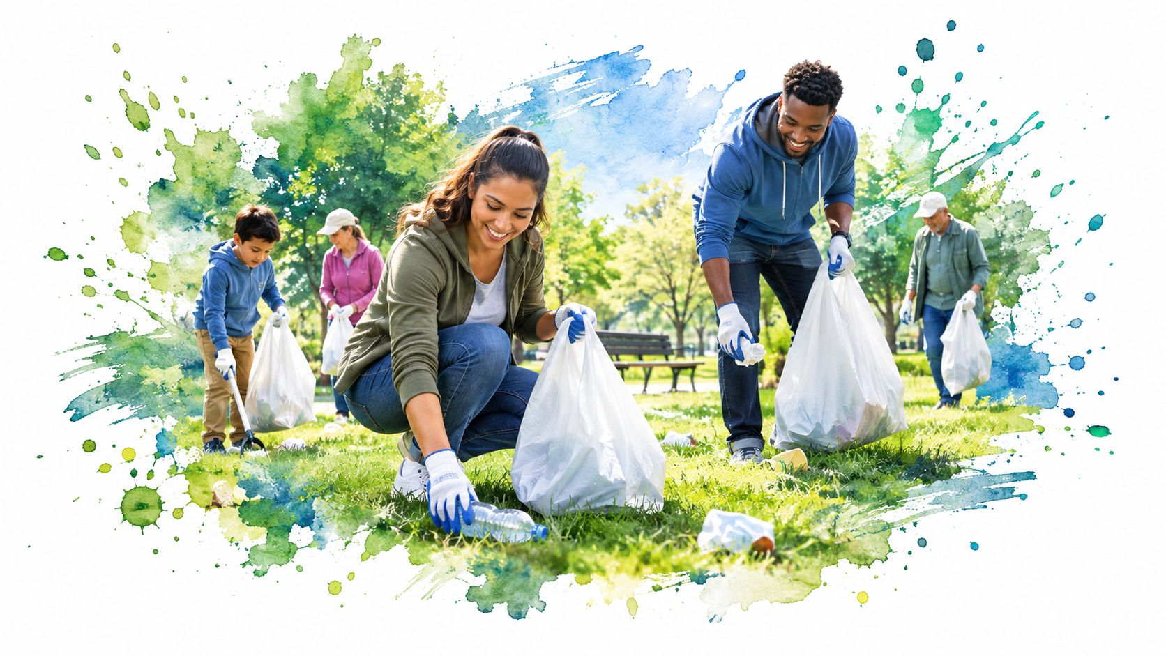 A diverse group of volunteers cleaning up trash in a sunny park with plastic bags.