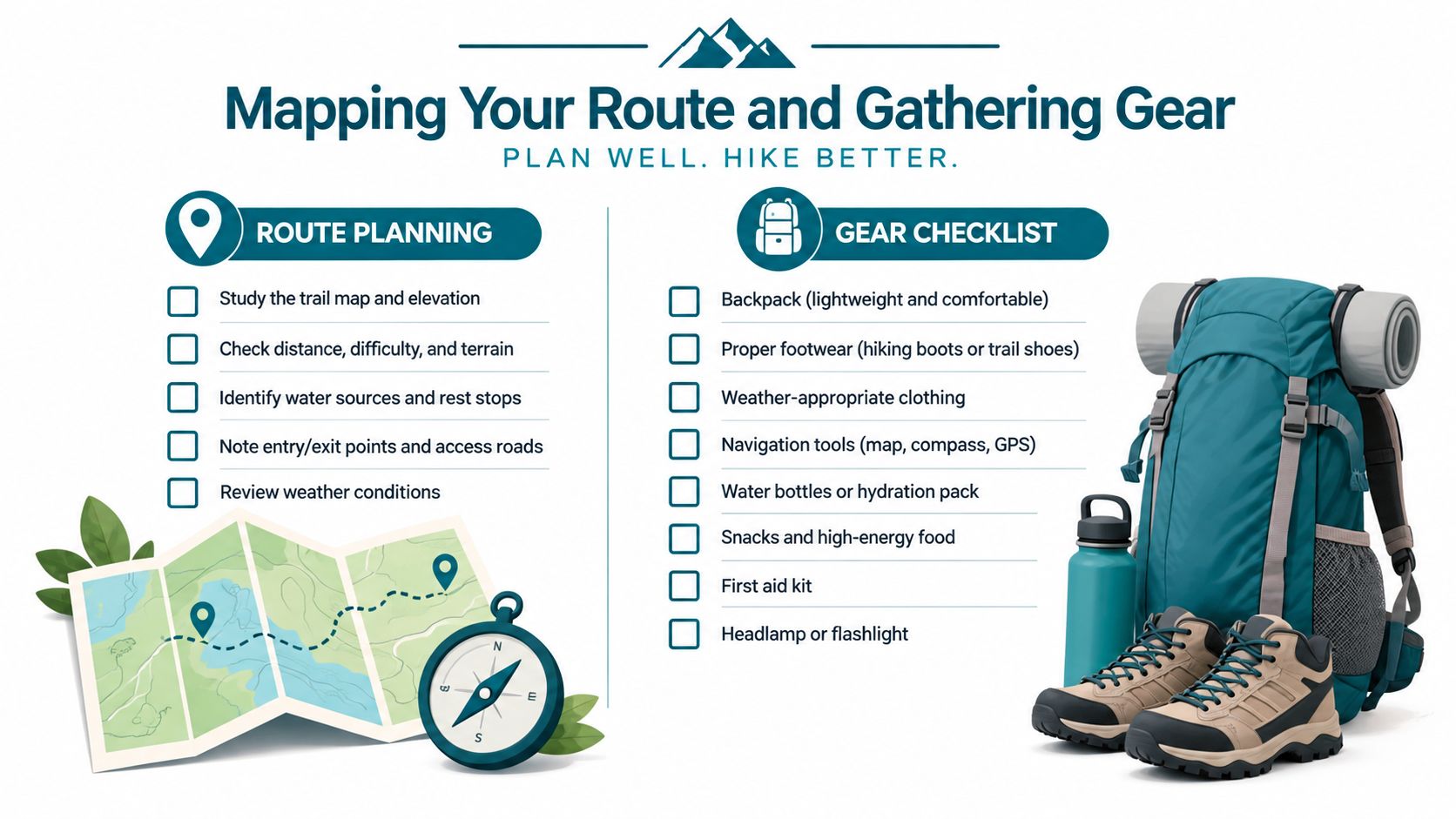 An infographic titled Mapping Your Route and Gathering Gear displaying hiking planning steps and gear checklists.