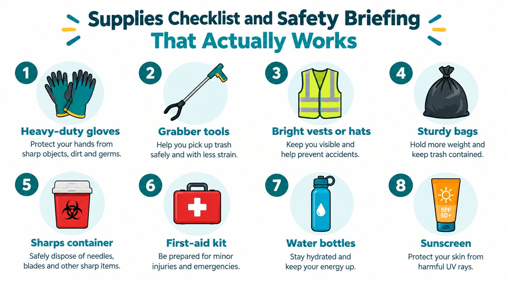 An infographic titled Supplies Checklist and Safety Briefing showing essential items for a safe neighborhood trash cleanup.
