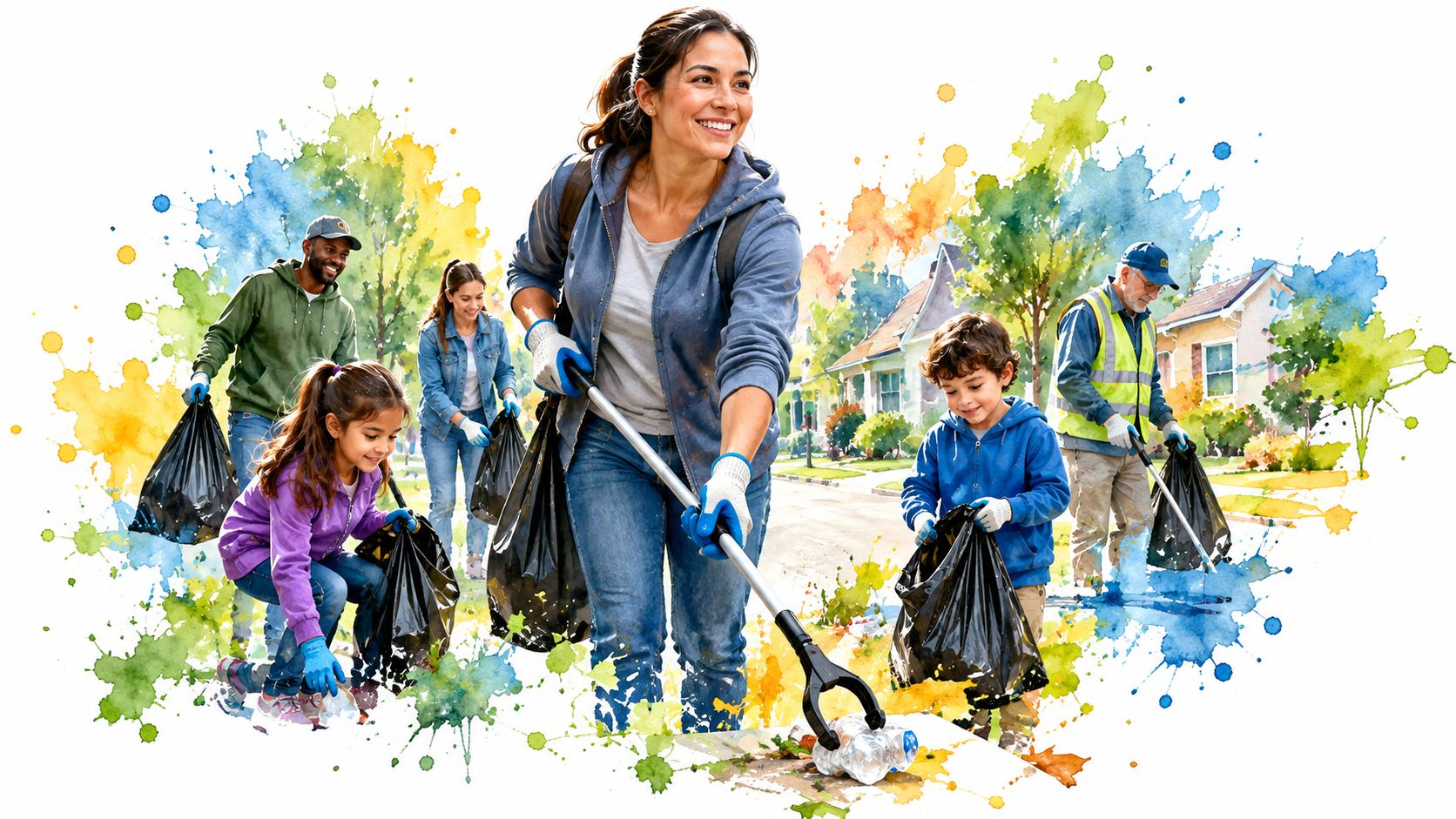 A diverse group of volunteers, including adults and children, cleaning up trash in a residential neighborhood.