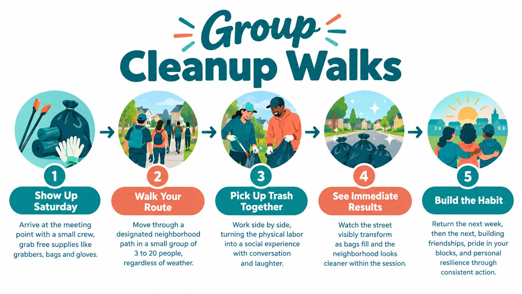 An illustrated step-by-step guide on organizing group cleanup walks to improve neighborhood cleanliness and social connections.
