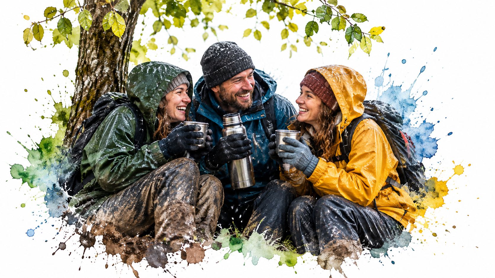 Three friends sitting under a tree, sharing hot drinks from a thermos during a snowy hike.