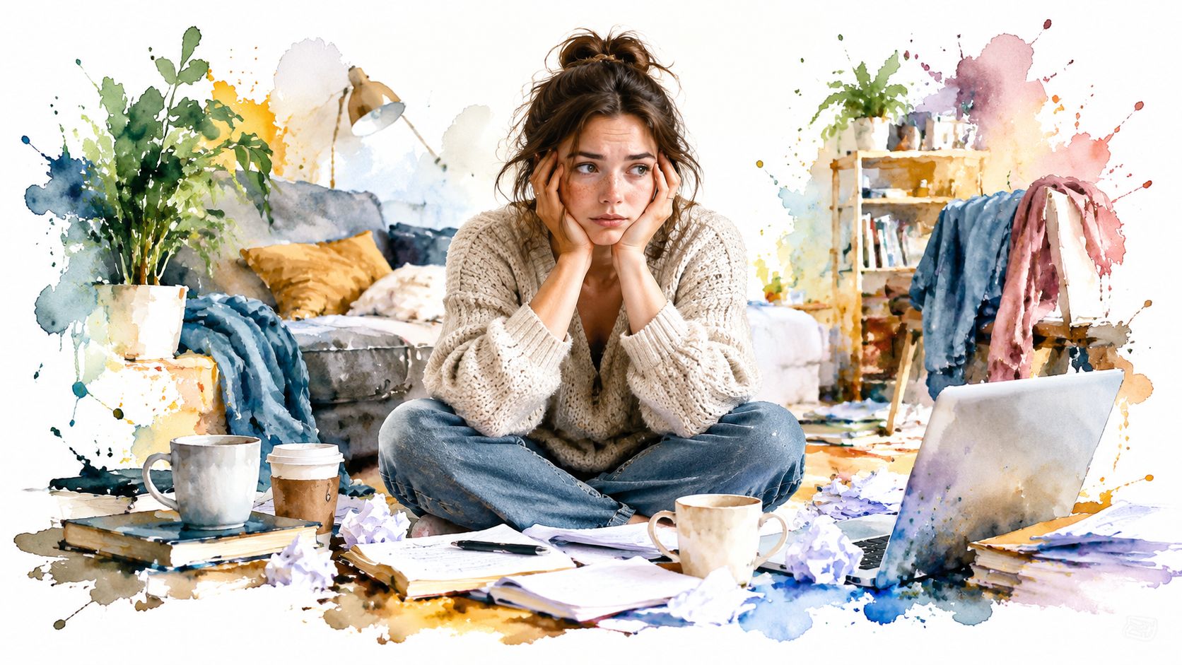 A distressed young woman sits cross-legged on the floor surrounded by scattered papers and coffee cups.