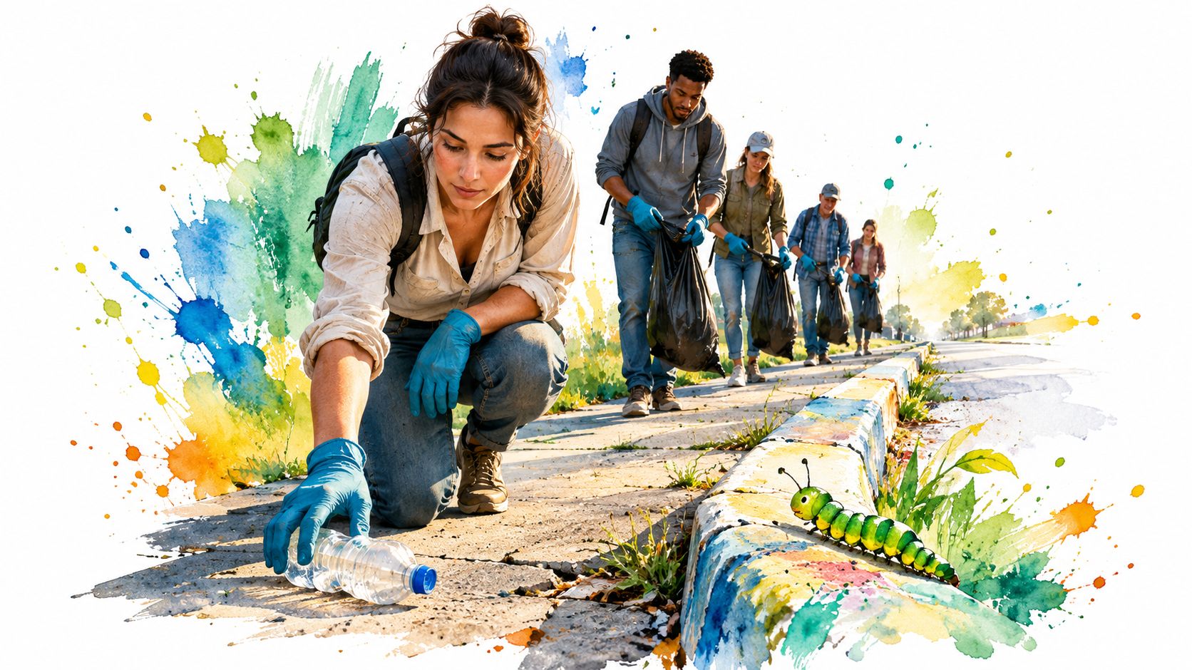 A diverse group of volunteers cleaning up litter from a sidewalk in a community outreach project.