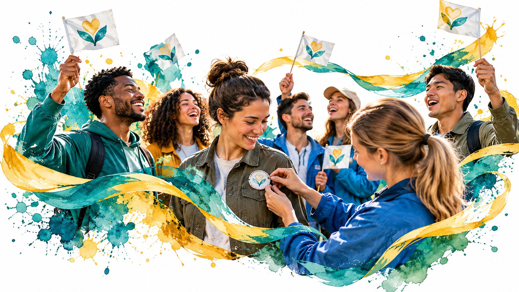 A diverse group of volunteers in outdoor gear celebrating community service with flags and artistic watercolor elements.