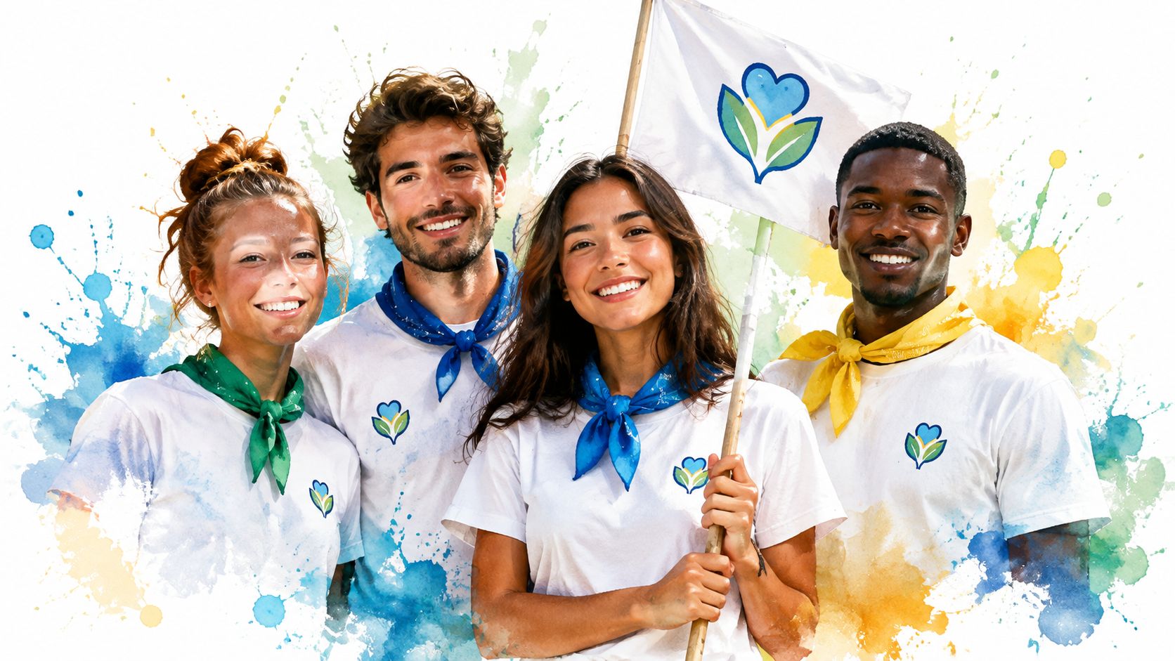 A diverse group of four smiling young adults standing together outdoors, wearing matching shirts with scarves and holding a flag.
