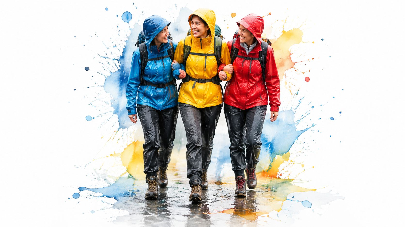 Three happy women wearing colorful rain gear and backpacks walking together through a rainstorm outdoors.