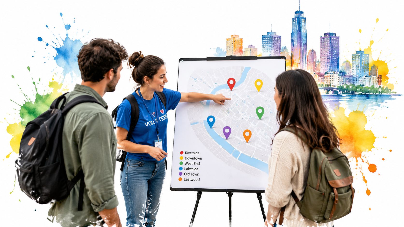 A female volunteer explains map locations to two young volunteers during a team bonding activity.