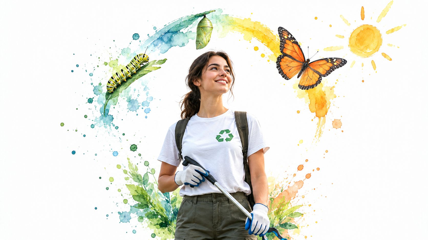 A smiling young woman in a recycling t-shirt stands before a watercolor illustration of butterfly metamorphosis.