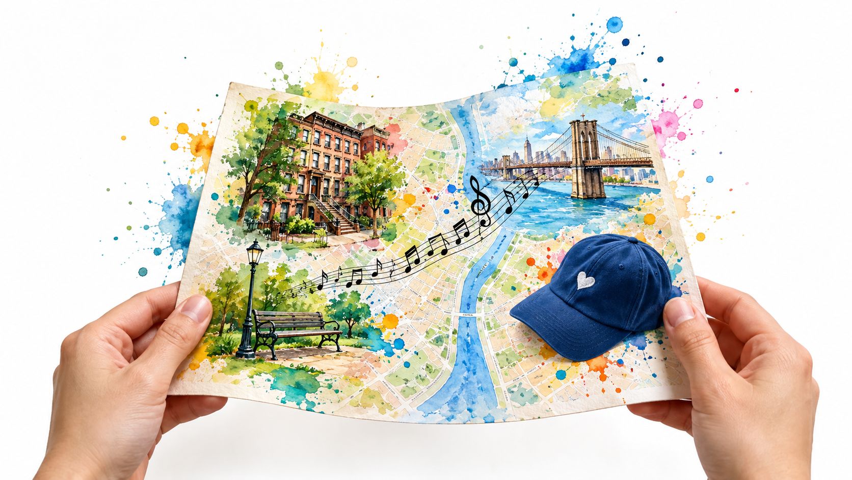 A pair of hands holding a watercolor map illustration featuring New York City landmarks and musical notes.