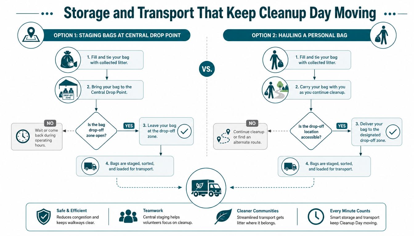A flowchart comparing two methods for managing litter bags during community cleanup events.